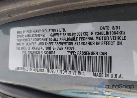 2001 Subaru Legacy L z USA, uszkodzony, nr VIN 4S3BH635117309593